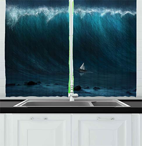 Ambesonne Ocean Kitchen Curtains, Small Boat Being Captured by a Large Wave Seastorm Tsunami Marine Aquatic Theme, Window Drapes 2 Panels Set for Kitchen Cafe, 55W X 39L Inches, Dark Blue White