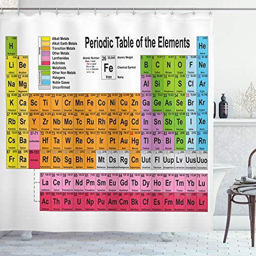 Ambesonne Periodic Table Shower Curtain, Science Freak Chemistry Lovers Colorful Element Table for Fun Learning Image, Cloth Fabric Bathroom Decor Set with Hooks, 75" Long, White Pink