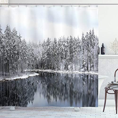 Ambesonne Woodland Shower Curtain, Lake Surrounded by Snow Covered Trees on a Cold Winter Day in Finland Reflections, Cloth Fabric Bathroom Decor Set with Hooks, 75" Long, White Grey