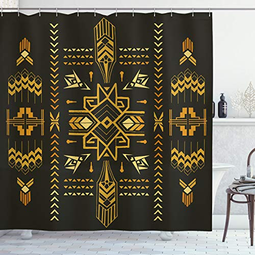Ambesonne Geometric Shower Curtain, Tribal Hand Drawn Vintage Aztec Background in Vector Illustration Print, Cloth Fabric Bathroom Decor Set with Hooks, 75" Long, Dark Brown