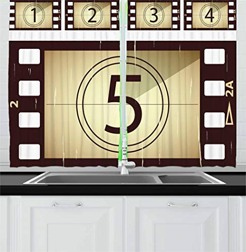 Ambesonne Movie Theater Kitchen Curtains, Scratched Film Strips Vintage Movie Frame Pattern Grunge Illustration, Window Drapes 2 Panel Set for Kitchen Cafe Decor, 55" X 39", Beige Brown