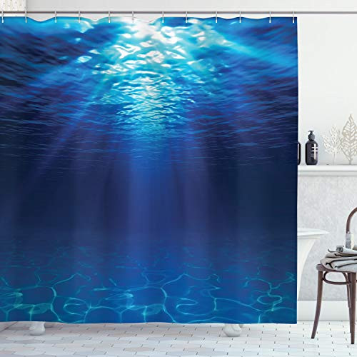 Ambesonne Ocean Shower Curtain, Underwater View with Sandy Seabed Aquatic Scenes Sunbeams Nature Picture Print, Cloth Fabric Bathroom Decor Set with Hooks, 75" Long, Navy Aqua
