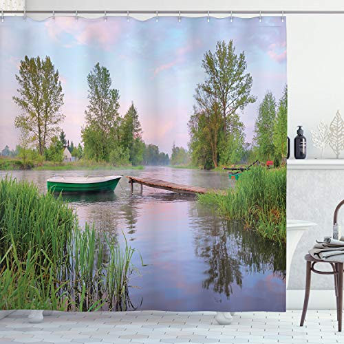 Ambesonne Lake House Decor Collection, Rural Landscape on Lakeside Boat Trees Grass Clouds and Boardwalk Countryside, Polyester Fabric Bathroom Shower Curtain, 75 Inches Long, Green Blue Brown