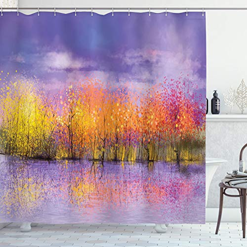 Ambesonne Autumn Shower Curtain, Seasonal Landscape Paint with Shady Fall Trees by River Pastel Artwork Print, Cloth Fabric Bathroom Decor Set with Hooks, 75" Long, Lavender Yellow