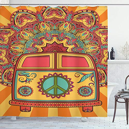 Ambesonne 70s Party Shower Curtain, Hippie Vintage Mini Van Ornamental Backdrop with Peace Sign Artwork, Cloth Fabric Bathroom Decor Set with Hooks, 75" Long, Coral Orange