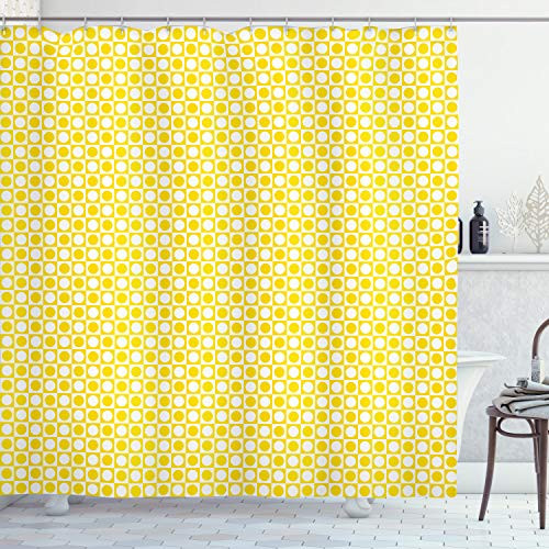Ambesonne Yellow Shower Curtain, Circles in Squares Dots Like Patterned Modern Cool Geometric Print, Cloth Fabric Bathroom Decor Set with Hooks, 75" Long, Yellow and White