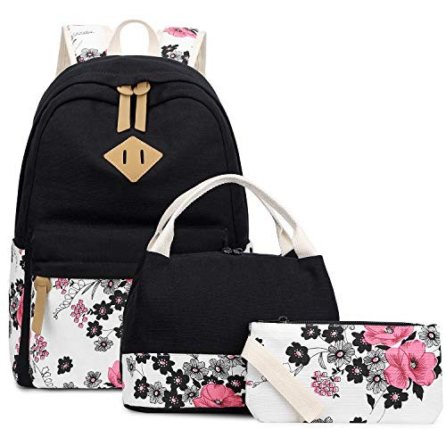 Abshoo Lightweight Canvas Floral Teen Backpacks for Girls School Backpack with Lunch Bag (DG20 Black)