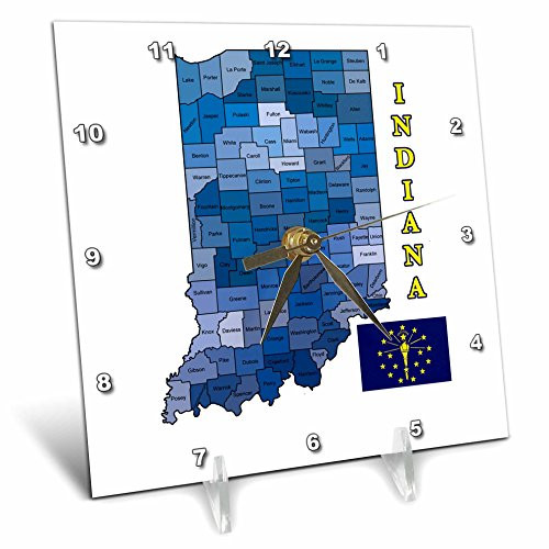 3dRose Flag and County Map The State of Indiana. Counties Labeled, Colored - Desk Clock, 6 by 6-Inch (dc_185103_1)
