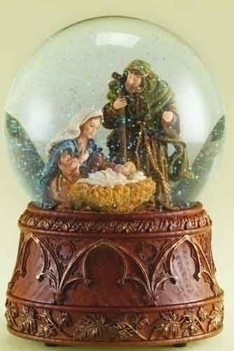 Christmas Nativity 120MM Musical Snow Globe Glitterdome with Carved Wood Base - Plays Tune O'Holy Night