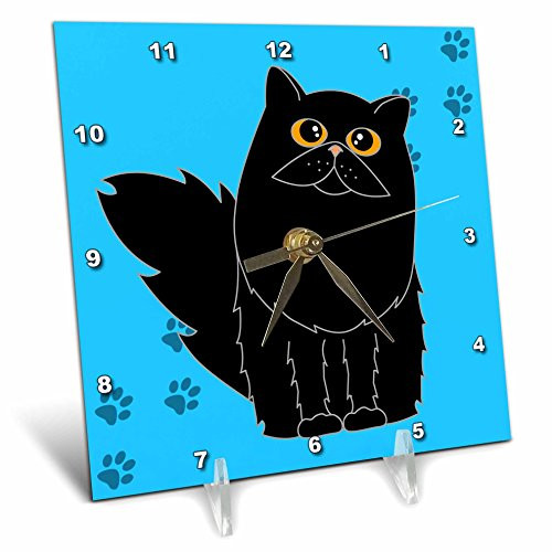 3dRose dc_6109_1 Desk Clock, Black Long-haired/Persian Cat Blue Paw-Print, 6 by 6-Inch
