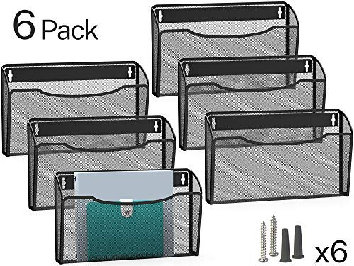 MaxGear 6 Pack Wall File Holder Mesh Hanging File Organizer Mail Organizers Wall Mount Paper Organizer Hanging File Holder Wall Mounted Pocket Holders for Home and Office, Metal, Black