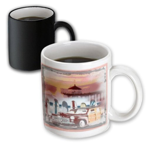3dRose mug_60101_3"Manhattan Beach California Woody and Surfboard Art" Magic Transforming Mug, 11 oz, Multicolor