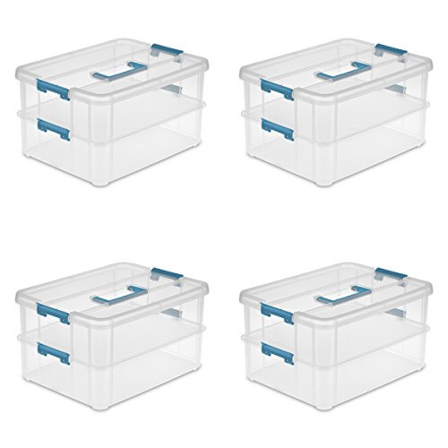 Sterilite 14228604 Stack & Carry 2 Layer Handle Box, Clear Base with Colored Handle and Latches, 4-Pack