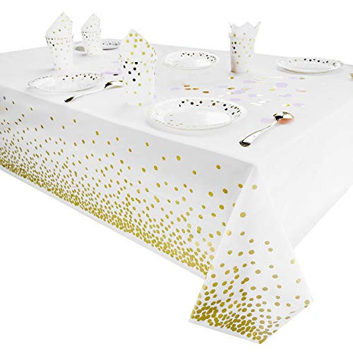 12 Pack Plastic Tablecloth for Parties, Party Table Cloths Disposable, Stylish Design, Gold Dots Decorations, White, Waterproof, Rectangular Table Cover, 54 Inch x 108 Inch