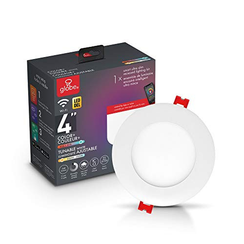 Globe Electric Collection Wi-Fi Smart 4" Ultra Slim Multicolor Changing RGB Tunable White Recessed Lighting Kit, No Hub Required, Voice Activated, 9W, 50068