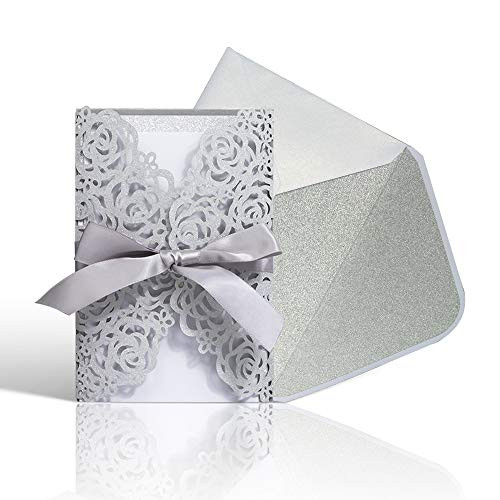 Laser Cut Wedding Invitations with Envelopes - 25pcs Silver Glitter Hollow Rose Invitation Cards with Silver Inner Sheet,Gray Ribbon,White+Silver Envelopes for Wedding Bridal Shower (4.7'' x 7')