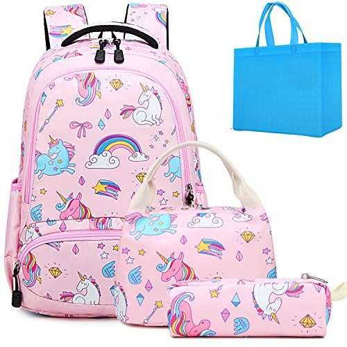 School Backpacks Girls Unicorn Backpack with Lunch Bag and Pencil Case Kids 3 in 1 Bookbags Set School Bag for Elementary Preschool (Pink Unicorn Set)