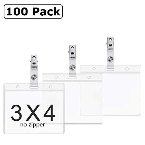 Clear Plastic 3x4 Inch Quick Load Horizontal Name Tag Holders and Metal Badge Clips with Vinyl Straps PVC ID Card Holder by ZHEGUI (100 Pack, Large Horizontal 3x4 No Zipper)