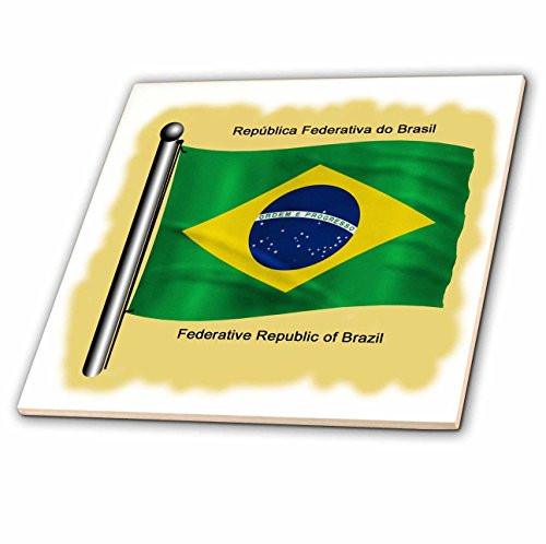 3dRose ct_51744_4 Brazilian Flag Waving on Flagpole on a Yellow Background. Federate Republic of Brazil-Ceramic Tile, 12-Inch