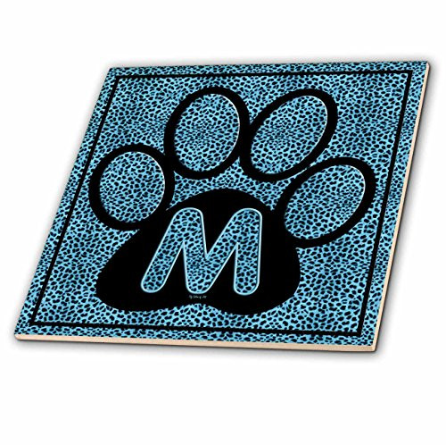3dRose ct_25920_4 Letter M Blue Cheetah Print Cat Paw-Ceramic Tile, 12-Inch