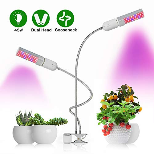 Grow Lights, Plant Grow Light 45W Full Spectrum, Grow Lights for Indoor Plants Replaceable Dual Head, 88 LED Grow Light, Flexible Gooseneck, Plant Light for Veg and Flower