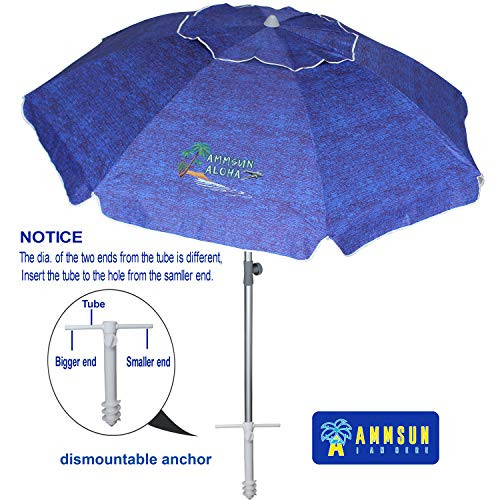 AMMSUN Beach Umbrella, 7ft with Tilt Separate Sand Anchor Aluminum Pole, Portable UV 100+ Protection Beach Umbrella with Carry Bag for Outdoor Patio Navy Blue