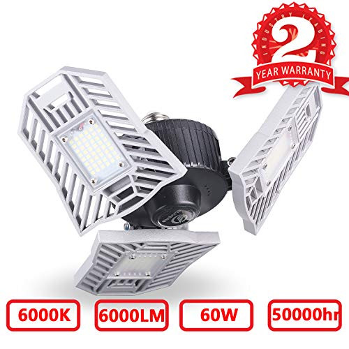 LED Garage Lights, 60W LED Garage Lighting, E26/E27 6000LM High Bay Deformable LED Garage Ceiling Lights, Adjustable Trilights Garage Light, 6000K Daylight LED Shop Lights for Garage Basement Workshop