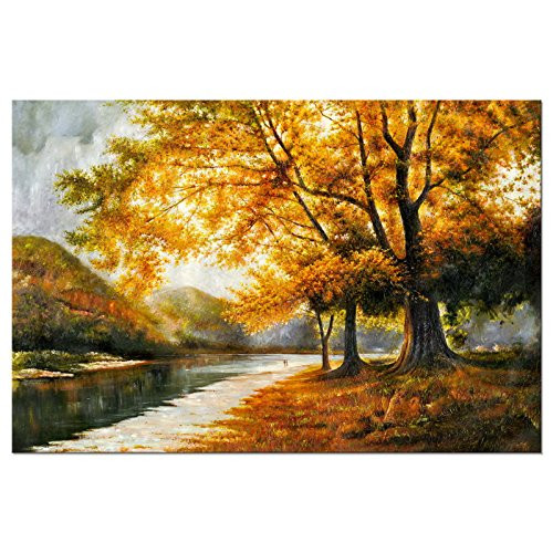 Wieco Art Giclee Canvas Prints Wall Art by Oil Paintings Reproduction Large Contemporary Autumn Trees Pictures for Living Room Bedroom Home Decorations Modern Wrapped Landscape Forest Artwork