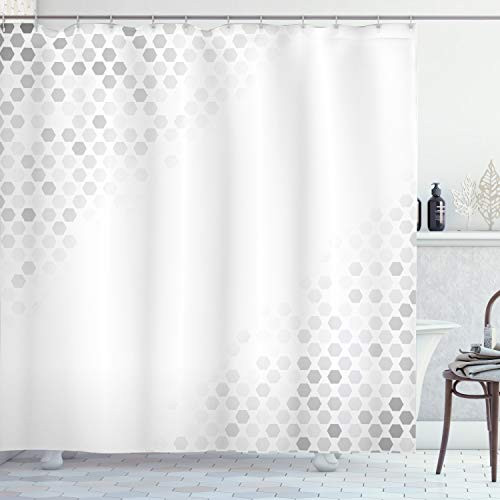 Ambesonne Grey Shower Curtain, Abstract Beam Shape with Geometric 6 Cornered Mosaic Style Futuristic Illustration, Cloth Fabric Bathroom Decor Set with Hooks, 84" Long Extra, White Silver