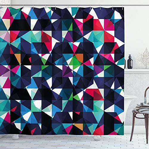 Ambesonne Geometric Shower Curtain, Retro Pattern with Colorful Mosaic Modern Optical Structure Illustration, Cloth Fabric Bathroom Decor Set with Hooks, 84" Long Extra, Dark Blue