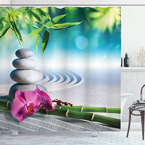 Ambesonne Spa Shower Curtain, Sand Orchid and Massage Stones in Garden Sunny Day Meditation Yoga, Cloth Fabric Bathroom Decor Set with Hooks, 84" Long Extra, Blue Gray