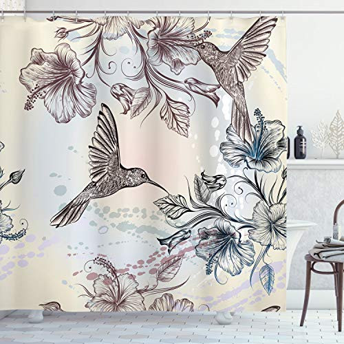 Ambesonne Hummingbird Shower Curtain, Birds and Hibiscus Flowers Nostalgia Antique Design Classical Print, Cloth Fabric Bathroom Decor Set with Hooks, 84" Long Extra, Teal Brown