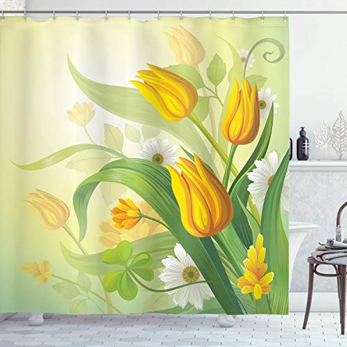 Ambesonne Tulip Shower Curtain, Tulips and Chamomiles Bouquet Against Wind Fresh Botanical Spring Field Picture, Cloth Fabric Bathroom Decor Set with Hooks, 84" Extra Long, Yellow Green
