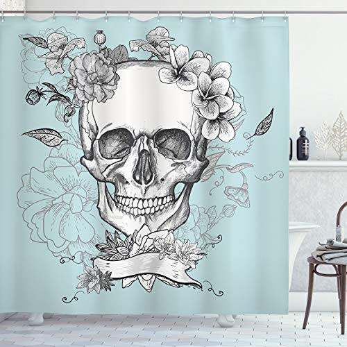 Ambesonne Grunge Shower Curtain, Skull and Flowers Day of The Dead Mexican Traditional Celebration Symbolic Art, Cloth Fabric Bathroom Decor Set with Hooks, 84" Long Extra, Turquoise Grey Ambesonne Grunge Shower Curtain, Skull and Flowers Day of The Dead Mexican Traditional Celebration Symbolic Art, Cloth Fabric Bathroom Decor Set with Hooks, 84" Long Extra, Turquoise Grey