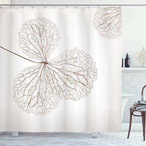 Ambesonne Flower Shower Curtain, Abstract Plant Floral Design with Veins Natural Botanic Plants Image Artwork, Cloth Fabric Bathroom Decor Set with Hooks, 84" Long Extra, White Brown