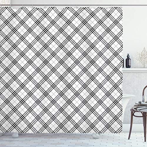 Ambesonne Geometric Shower Curtain, Fashion Style Textured Diagonal Scottish Irish Minimalist Design Pattern Print, Cloth Fabric Bathroom Decor Set with Hooks, 84" Long Extra, White and Black