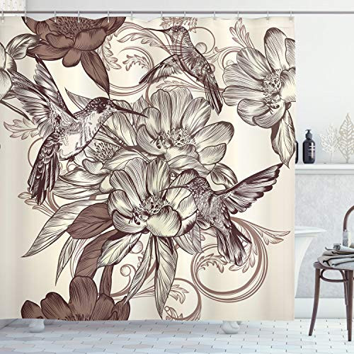 Ambesonne Hummingbirds Shower Curtain, Pattern with Birds and Flowers Classic Style Ornamental Design Floral Print, Cloth Fabric Bathroom Decor Set with Hooks, 84" Long Extra, Brown Beige