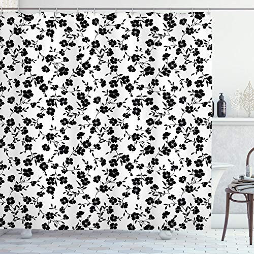Ambesonne Flower Shower Curtain, Flower Pattern Blooms Simple Silhouettes Classics Interiors Ornate Illustration, Cloth Fabric Bathroom Decor Set with Hooks, 84" Long Extra, White Black Ambesonne Flower Shower Curtain, Flower Pattern Blooms Simple Silhouettes Classics Interiors Ornate Illustration, Cloth Fabric Bathroom Decor Set with Hooks, 84" Long Extra, White Black