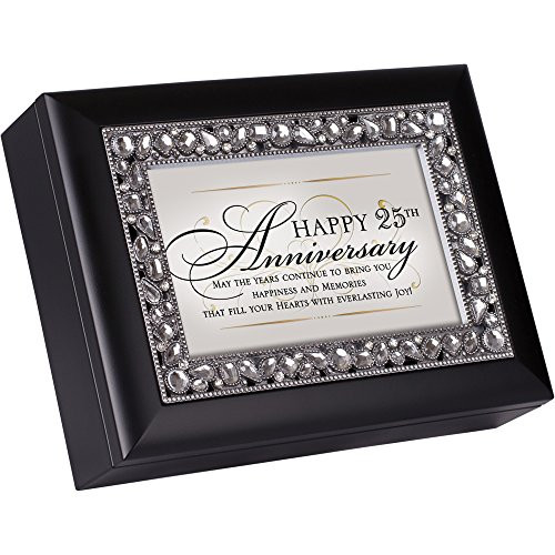 Cottage Garden Happy 25th Anniversary Matte Black Jewelry Music Box Plays Wind Beneath My Wings