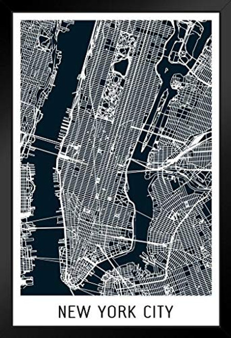 New York City Black Minimalist Art Map Art Black Wood Framed Poster 14x20
