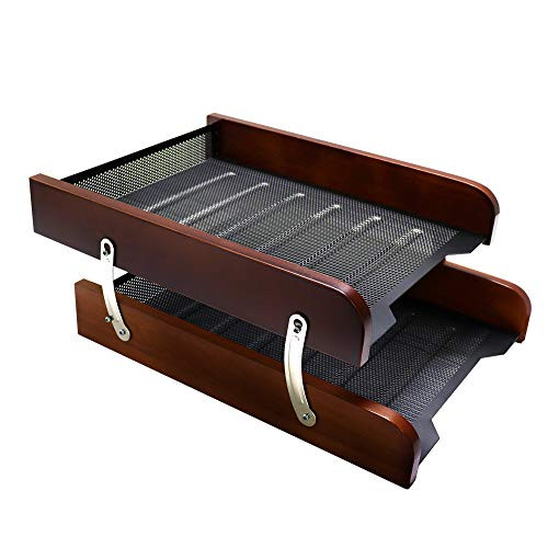 Multibey Heavy Duty Letter Tray for Desk, A4 File Holder Metal Mesh Rack Folder Storage Box Case Filing Magazine Paper Document Desktop Accessories Organizer, Stackable 2 Tier (Nut Brown)