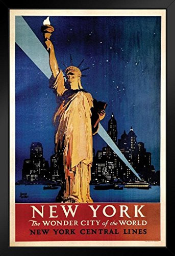 New York The Wonder City Vintage Travel Art Print Black Wood Framed Poster 14x20