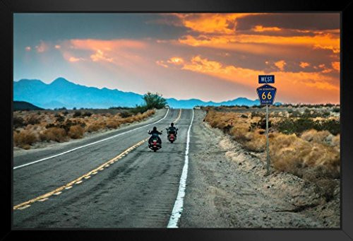 Two Bikers Riding into Sunset on Route 66 Photo Black Wood Framed Art Poster 14x20 Two Bikers Riding into Sunset on Route 66 Photo Black Wood Framed Art Poster 14x20