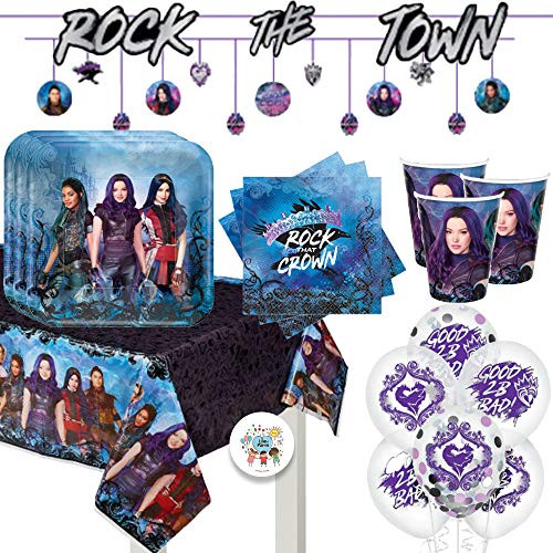 Descendants 3 Birthday Party Supplies Pack for 16 With Plates, Napkins, Cups, Tablecover, Balloons, Banner, and Pin