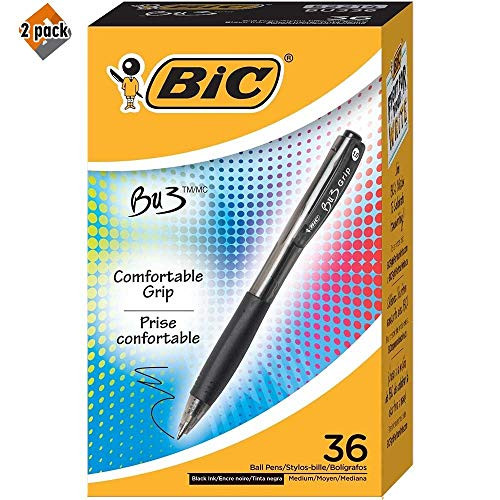 BIC BU3 Grip Retractable Ball Pen, Medium Point (1.0mm), Black, 36-Count - 2 Pack
