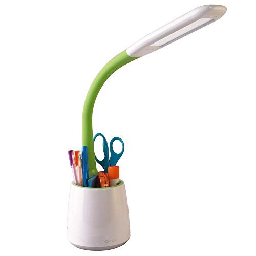 OttLite Organize LED Desk Lamp with 2.1A USB Charging Port, White with Green Flexible Neck