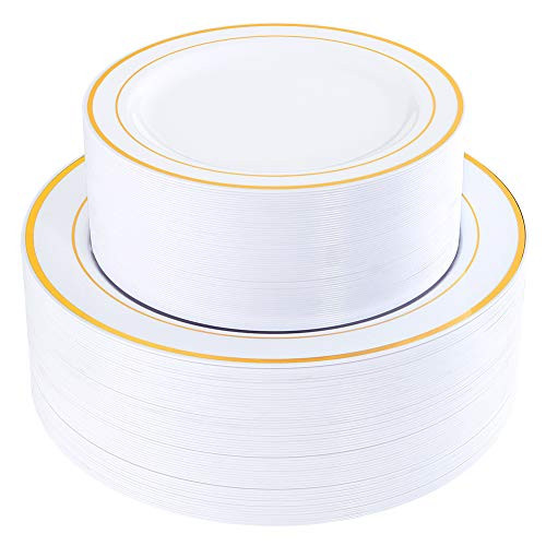 120 Pieces Gold Plastic Plates, Heavyweight White Disposable Plates with Gold Rim, includes: 60 Dinner Plates 10.25, 60 Dessert Plates 7.5
