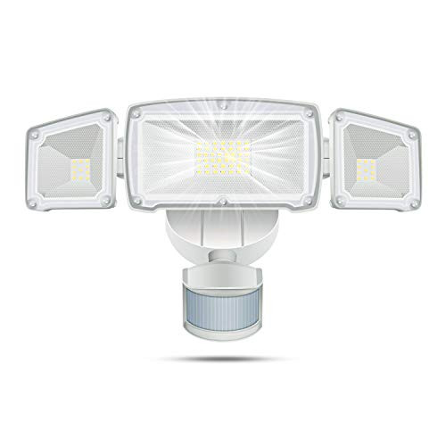 WHDZ 42W LED Security Light 3 Head Motion Sensor Light Outdoor LED Flood Light 3000LM 6000K Super Bright ETL Certified IP65 Waterproof 180° Illumination Range Human BOD
