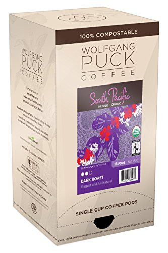 Wolfgang Puck Coffee, Fair Trade Organic South Pacific Dark, 9.5 Gram Pods, 18-Count (Pack of 6)