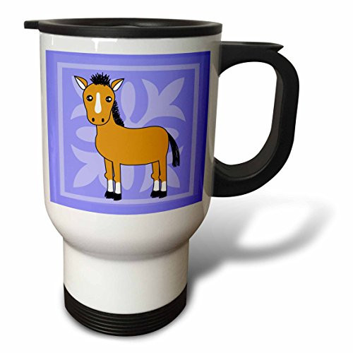 3dRose Cute Brown Pony on a Blue Background Travel Mug, 14-Ounce